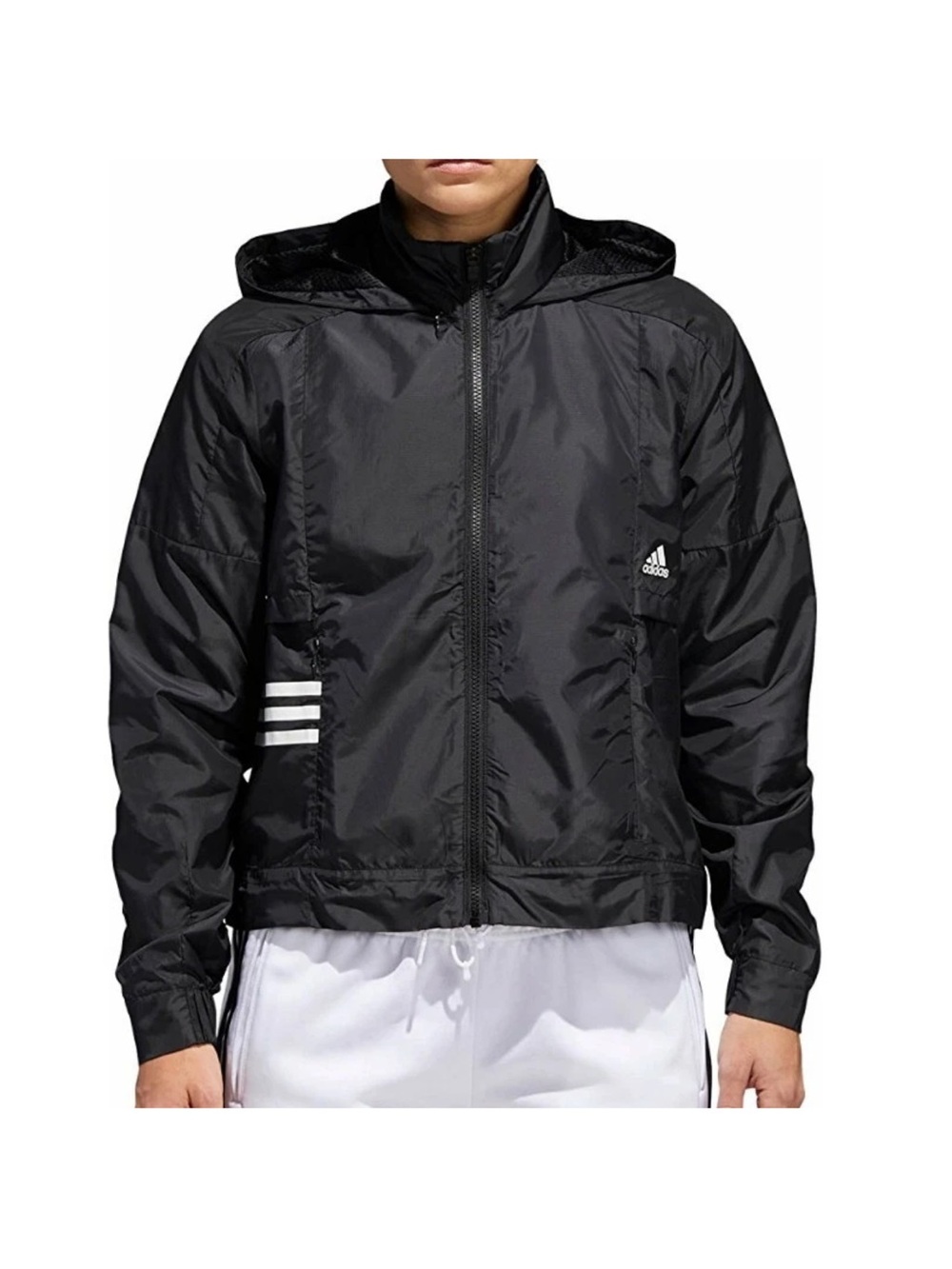 Adidas Black Hooded Windbreaker with White Stripe Detail
